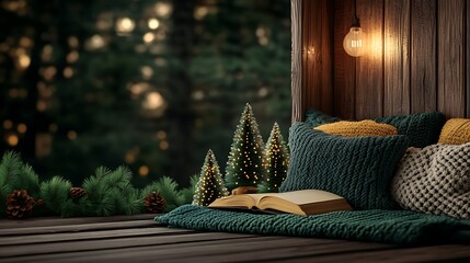 Cozy christmas reading nook with open book and decorative trees in a rustic cabin setting at nighttime