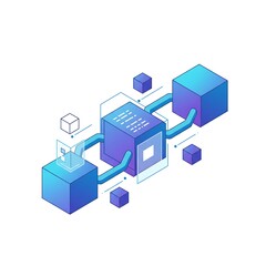 Abstract 3D cubes connected by tubes representing data flow and technology.