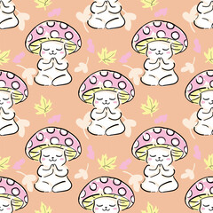 Cute childish seamless pattern with Fly Agaric mushroom in lotus pose. Sketch Hand Drawn textile design. Vector illustration