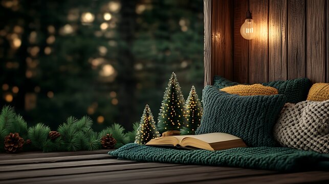 Cozy christmas reading nook with open book and decorative trees in a rustic cabin setting at nighttime - Powered by Adobe