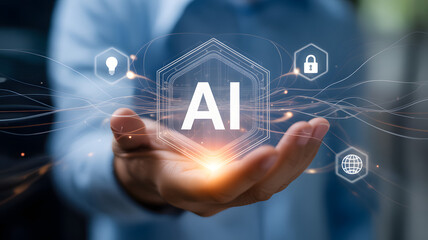 Hand holding ai concept with glowing icons in the background