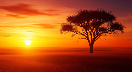 Obraz premium Ultra-Vibrant, Fiery African Sunset with Acacia Tree Silhouette An explosive, highly saturated photograph capturing the sheer intensity of an African sunset (or sunrise) on the savanna 