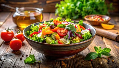 Fresh Vegetable Salad with Colorful Peppers and Tomatoes on a Rustic Wooden Table, Garnished with Herbs and Light Oil