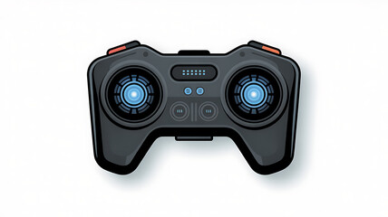 Dark gray futuristic drone controller with glowing blue joysticks and red accents on white background