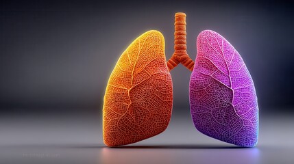 Animated 3D human lungs showcasing dynamic airflow with detailed textures and a vibrant natural color scheme against a subtle background glow