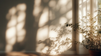 A transparent, blurry shadow of sunlit leaves on a white background. This gray silhouette creates a natural, soft shadow overlay on the wall.