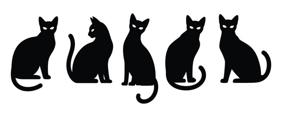 Set of Cat Silhouette Vectors Isolated on White Background &ndash; Minimalistic Black Cat Icons, Various Poses and Shapes for Design, Illustration, and Creative Projects