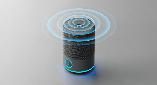A futuristic smart speaker with voice control and an AI assistant. A modern internet of things device broadcasting audio signals for intelligent home automation