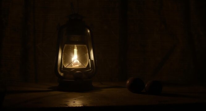 Warm glow of a vintage lantern on a table with a pipe in a dark room with soft, warm tones. - Powered by Adobe