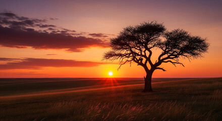 Fototapeta premium Intense African Sunset Silhouette with Lone Acacia Tree and Sunburst A breathtaking, high-impact photograph capturing the intense drama of an African sunset. 