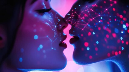 A romantic moment between two people embracing and kissing in front of a vibrant backdrop, suitable for use in love stories, advertising, or personal events