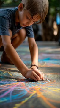 Close-up of a young boy&rsquo;s hands and knees as he draws with chalk on a concrete surface, vivid colors and imaginative designs, casual outdoor setting, storytelling feel, warm and cheerful tone