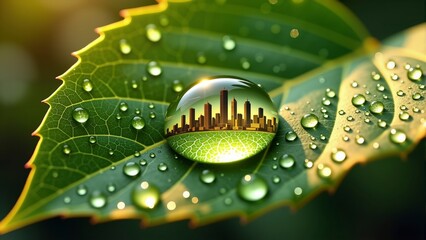 Modern city skyline reflected in a dew drop on a vibrant green leaf