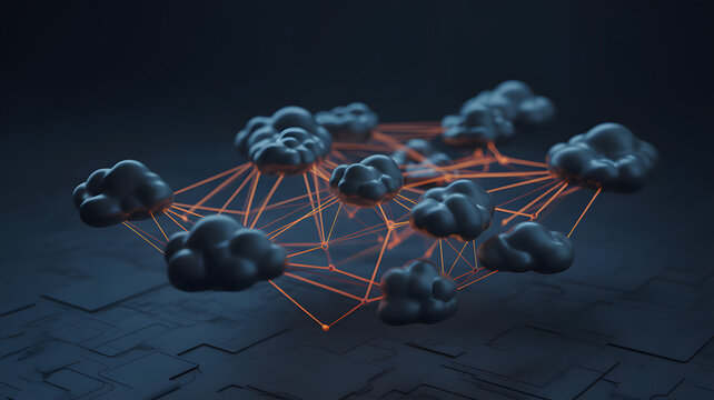 Network of cloud shapes connected by orange lines on surface - Powered by Adobe