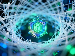 3D render of a neon quantum computer core processing data through a complex fiber optic lattice