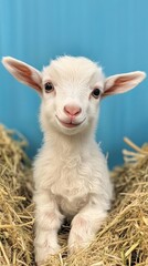 Fototapeta premium White baby goat with pink ears in front of soft blue background.