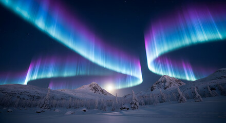 Stunning aurora borealis dances above snow covered mountains, magical display of nature's beauty in frozen landscape