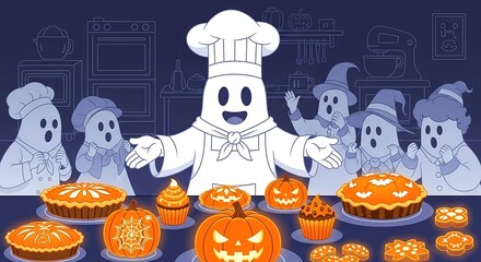 halloween ghost chef and apprentices present glowing pumpkin pies spooky cupcakes and cookies in a cartoon kitchen ideal for festive autumn baking and seasonal content.