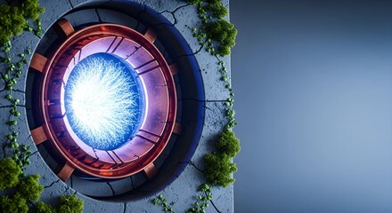 Obraz premium Futuristic Ancient Portal with Glowing Blue Energy Core and Organic Growth