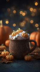Warm cocoa with pumpkin marshmallows and rustic fall decor evokes comfort and holiday flavor ideal for cafés, blogs and Thanksgiving visuals.
