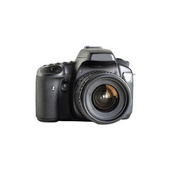 A sleek, black DSLR camera with a large lens, angled slightly to the left, sits against a pure black background