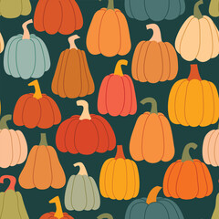 Different colored pumpkins on dark background create seamless pattern. Atmospheric cozy autumn print for textiles, design, packaging, tiles, vector graphic