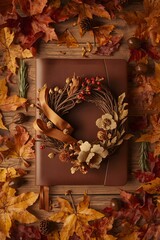 Rustic Brown Leather Notebook with Autumn Wreath and Cozy Seasonal Design