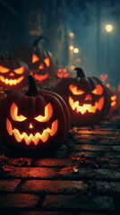 Carved pumpkins illuminated in the dark evoke a classic haunted night atmosphere ideal for holiday ads and themed visuals.
