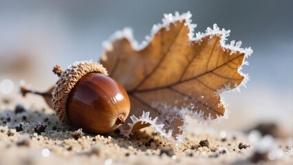 Frost-tipped autumn oak leaf and acorn on sandy earth