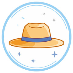Cartoon illustration of a straw hat with a blue band inside a circle with stars summer vacations and sun protection