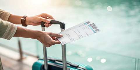 Travel ticket adventure suitcase hand holding boarding pass near water with sunlight reflection creating calm travel mood