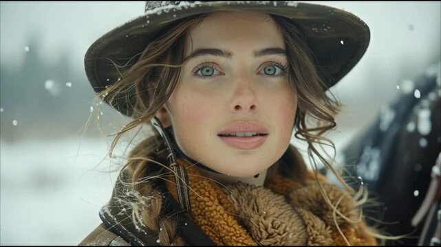 Young Caucasian woman with brown hair and a hat, wearing a warm scarf, stands in a snowy landscape. Snowflakes fall around her, creating a winter atmosphere.