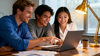 3 people from different backgrounds working together on a laptop with a smile