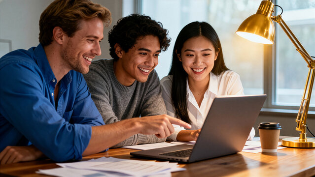 3 people from different backgrounds working together on a laptop with a smile