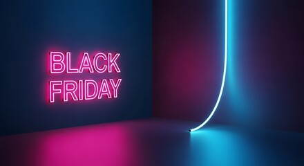 Black friday neon sign glowing in a dark room with pink and blue lights, representing retail sales and promotions