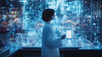 Female scientist analyzing a test tube sample in a futuristic laboratory with advanced holographic data display, developing new medical treatments and conducting innovative research - Powered by Adobe