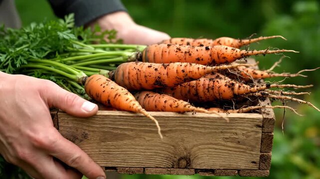 Carrots in Wooden Crate Held by Farmer After Harvest in the Garden