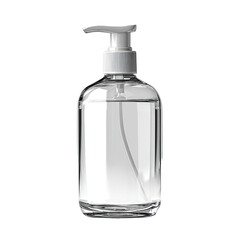 Clear plastic pump bottle, slightly curved, filled with a translucent liquid, ready for dispensing