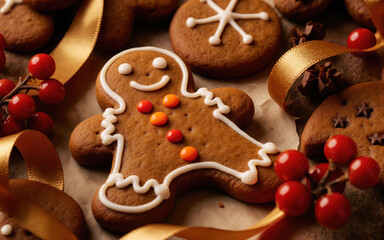 Fototapeta premium Cheerful gingerbread man cookie with festive icing decoration for Christmas holiday. sweet dessert and traditional homemade baked good with red berry and gold ribbon