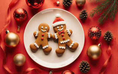 Happy gingerbread man cookie couple on plate. festive christmas holiday dessert with sweet decoration on red background. Joyful seasonal baking concept for celebration