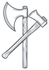 Two crossed woodcutting axes and a hatchet in a clean line art vector illustration