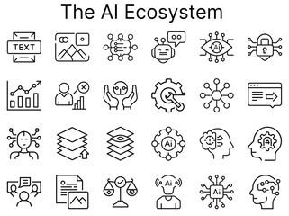 Icons representing the AI ecosystem in minimalist line art style  