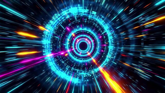 Futuristic Digital Tunnel with Neon Rings Representing High Speed Data Transmission and Connectivity