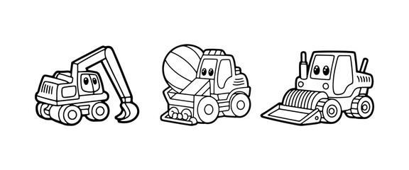 Construction vehicles in a cartoon style ideal for young children, featuring an excavator, cement mixer, and bulldozer