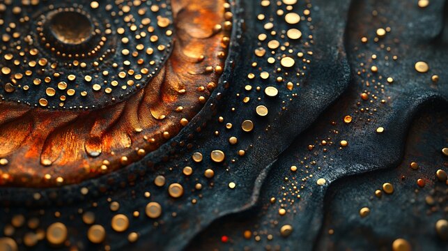 Intricate textured surface showcasing gold circular patterns on dark blue background
