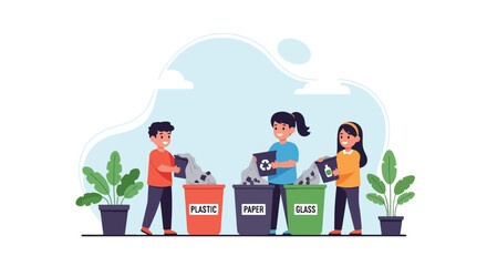 Adobe illustrator artwork vector illustration: Children learning to recycle plastic, paper, and glass, emphasizing environmental education, responsibility, and a greener future