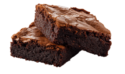 Rich dark chocolate brownie slices stacked on a black background