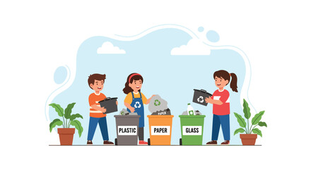 Adobe illustrator artwork vector illustration: Children learning to recycle plastic, paper, and glass, emphasizing environmental education, responsibility, and a greener future