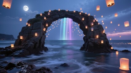 Magical stone arch with lanterns and glowing waterfall by the sea at night