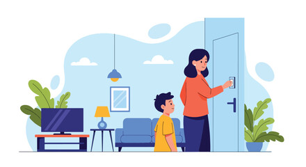 Adobe illustrator artwork vector illustration: Mother and son turning on a smart lamp, illustrating home automation, modern living, and energy-efficient technology